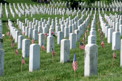 Rows of white gravestones at a national military cemetery, adorned with small American flags, commemorating fallen soldiers on Memorial Day.