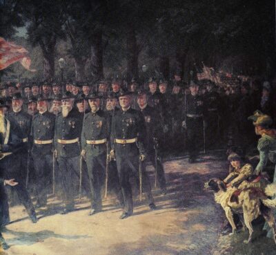 Soldiers marching in formation during a night parade with soldiers in uniform, medals, and weapons in a historical military celebration.