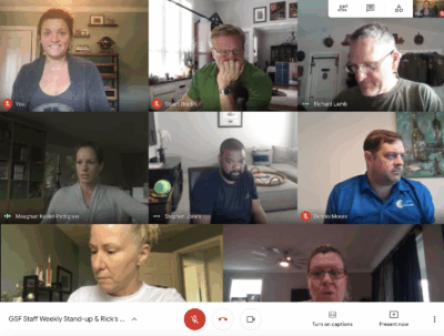 Collaborative virtual meeting of GSF staff, diverse group of professionals on a video call discussing organizational strategies, remote teamwork, and nonprofit activities, Zoom interface visible.